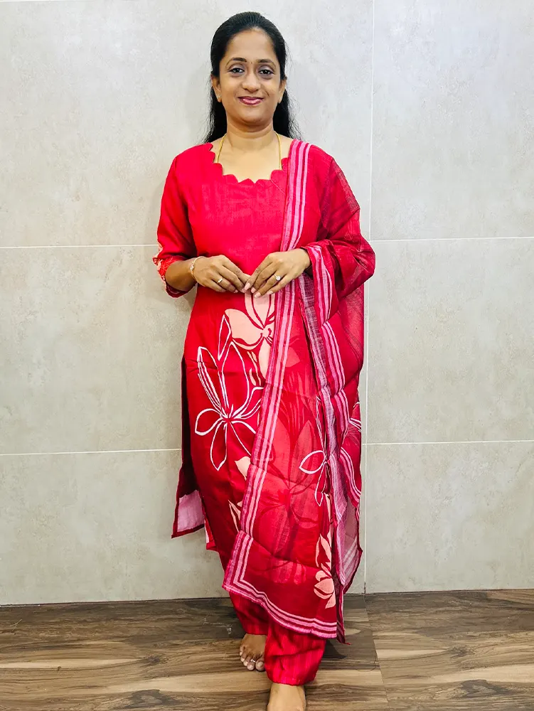Printed linen cotton top (cotton lining) paired with printed linen cotton dupatta and linen cotton bottom (free size)