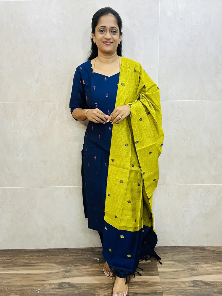 Semi raw silk top (cotton lining) with all over zari weaving paired with jacquard weaved semi raw silk dupatta and semi raw silk bottom (free size)