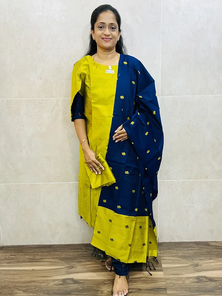 Semi raw silk top (cotton lining) with all over zari weaving paired with jacquard weaved semi raw silk dupatta and semi raw silk bottom (free size)