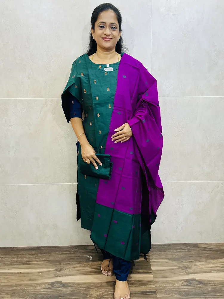 Semi raw silk top (cotton lining) with all over zari weaving paired with jacquard weaved semi raw silk dupatta and semi raw silk bottom (free size)