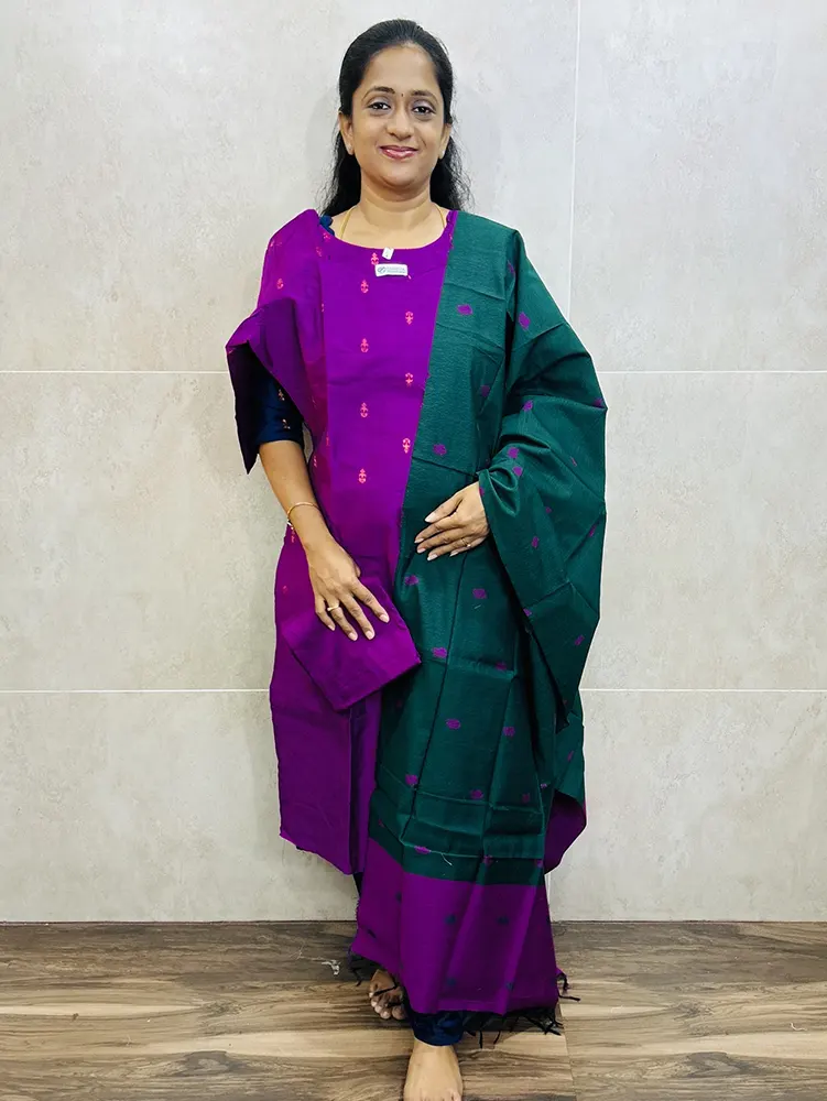 Semi raw silk top (cotton lining) with all over zari weaving paired with jacquard weaved semi raw silk dupatta and semi raw silk bottom (free size)