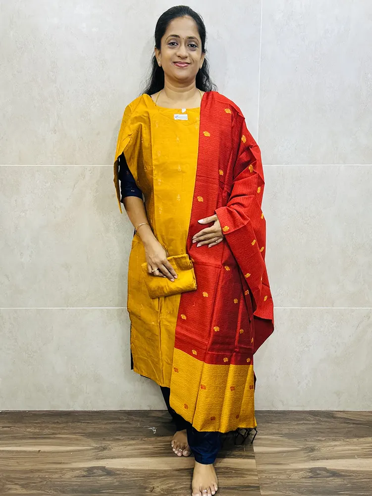 Semi raw silk top (cotton lining) with all over zari weaving paired with jacquard weaved semi raw silk dupatta and semi raw silk bottom (free size)