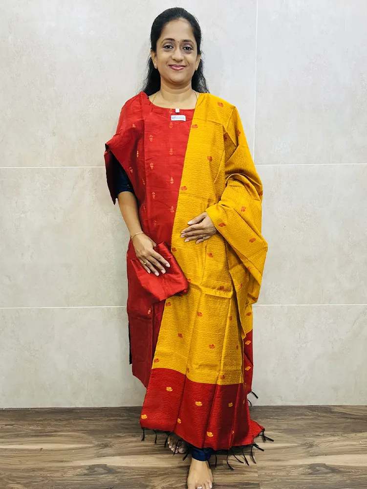 Semi raw silk top (cotton lining) with all over zari weaving paired with jacquard weaved semi raw silk dupatta and semi raw silk bottom (free size)
