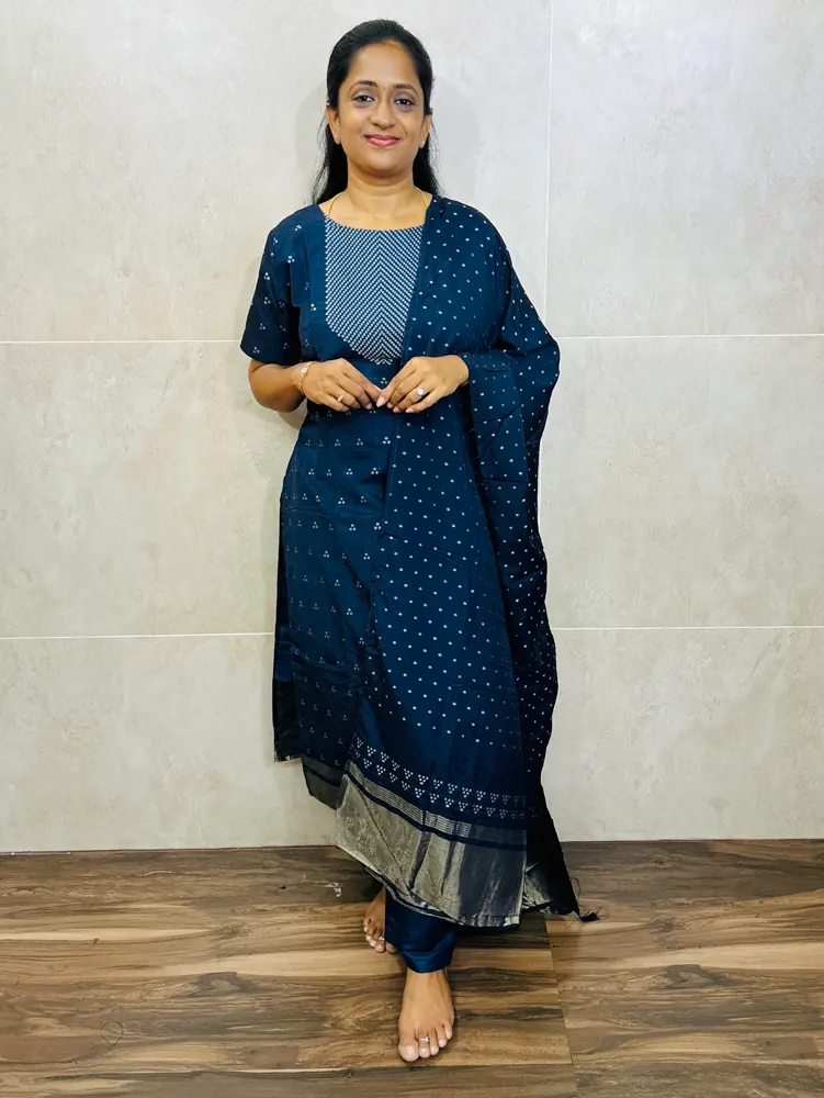 Soft silk top(cotton lining) with allover thread woven buttas paired with soft silk dupatta and silk bottom(free size)
