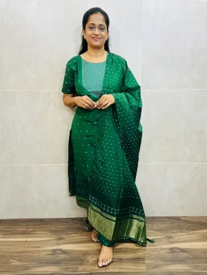 Soft silk top(cotton lining) with allover thread woven buttas paired with soft silk dupatta and silk bottom(free size)