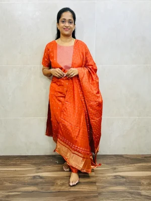 Soft silk top(cotton lining) with allover thread woven buttas paired with soft silk dupatta and silk bottom(free size)