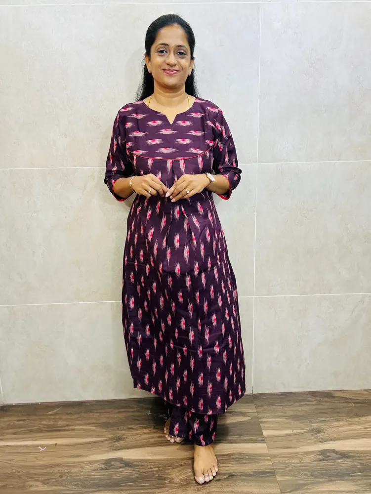 Printed rayon top (cotton lining) paired with printed rayon bottom (straight cut)