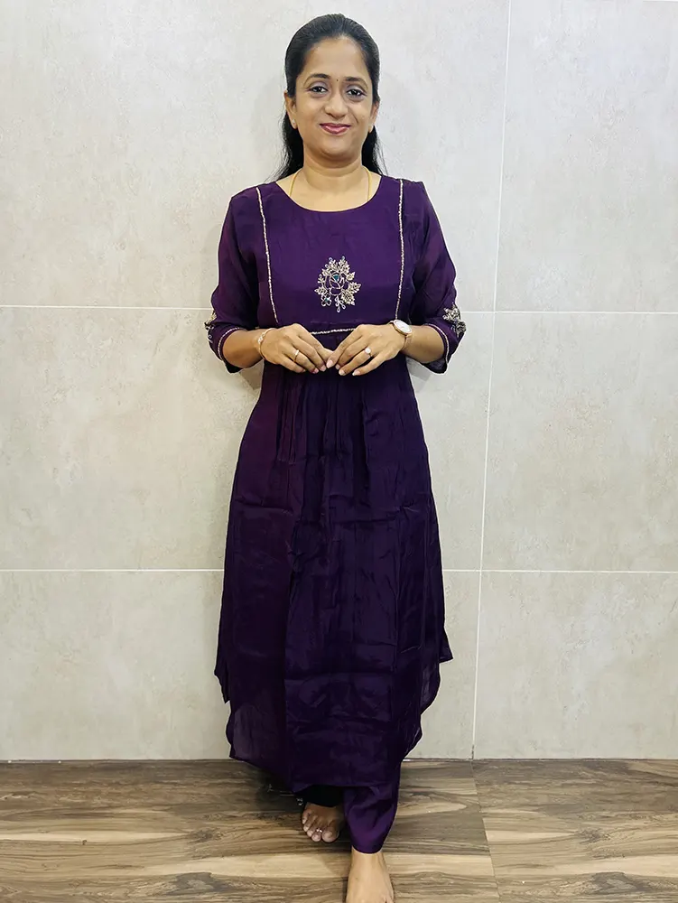 Soft Mulchanderi silk top (crepe lining) with handwork on yoke and sleeves paired with mul Chanderi silk bottom (semi palazzo)
