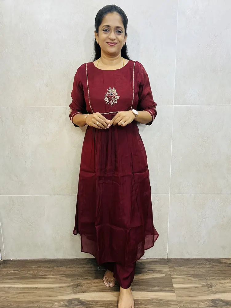 Soft Mulchanderi silk top (crepe lining) with handwork on yoke and sleeves paired with mul Chanderi silk bottom (semi palazzo)
