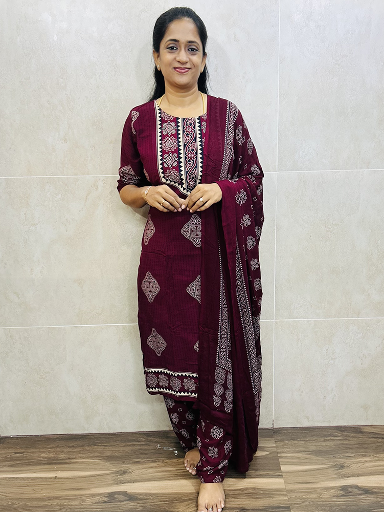 Maroon - Ajrakh printed cotton rayon top (cotton lining) paired with cotton rayon dupatta and cotton rayon bottom (free size)