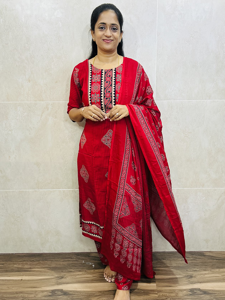 Red - Ajrakh printed cotton rayon top (cotton lining) paired with cotton rayon dupatta and cotton rayon bottom (free size)