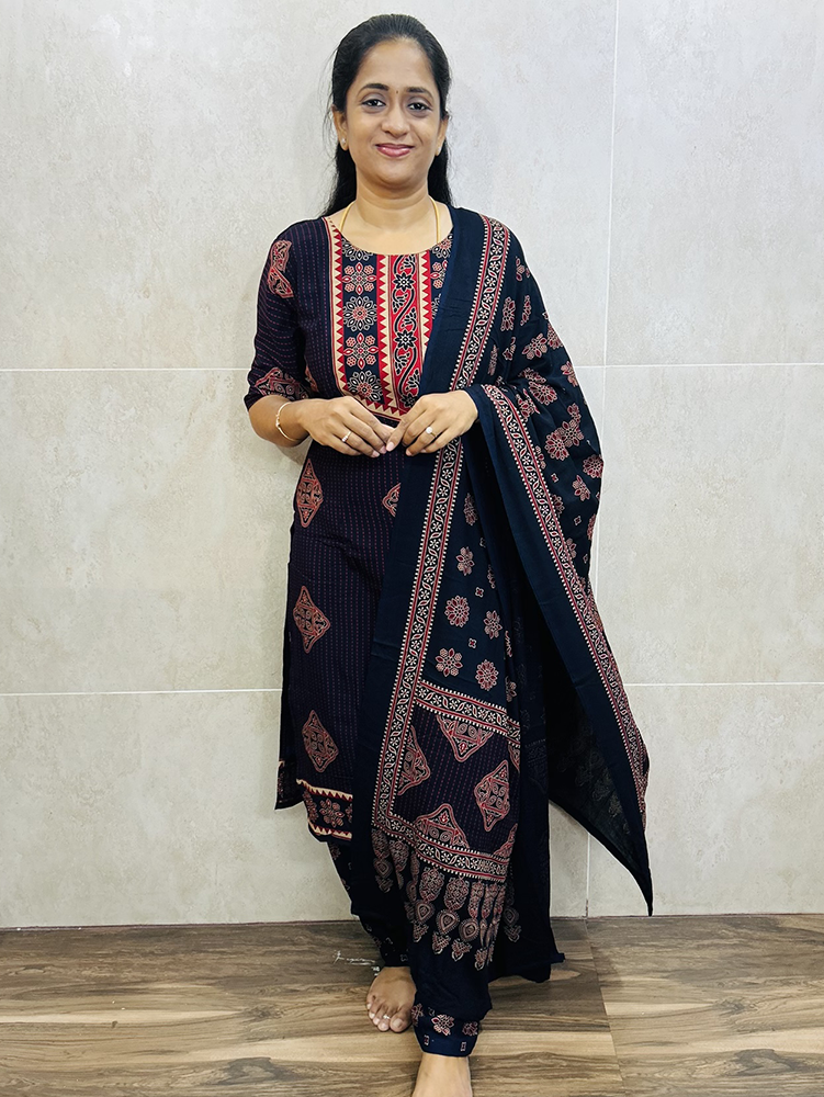 Navy Blue - Ajrakh printed cotton rayon top (cotton lining) paired with cotton rayon dupatta and cotton rayon bottom (free size)