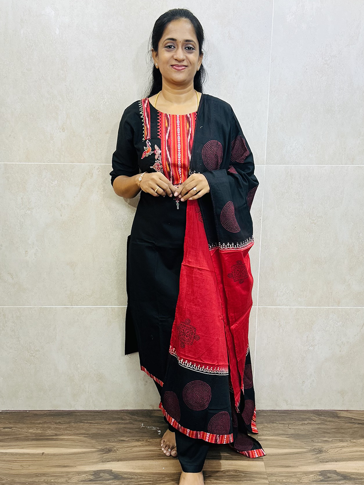 Premium cotton top (cotton lining) with embroidery work on yoke paired with handblock printed cotton dupatta and cotton bottom (free size)
