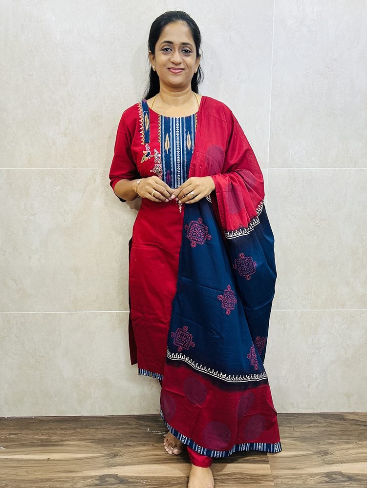 Premium cotton top (cotton lining) with embroidery work on yoke paired with handblock printed cotton dupatta and cotton bottom (free size)