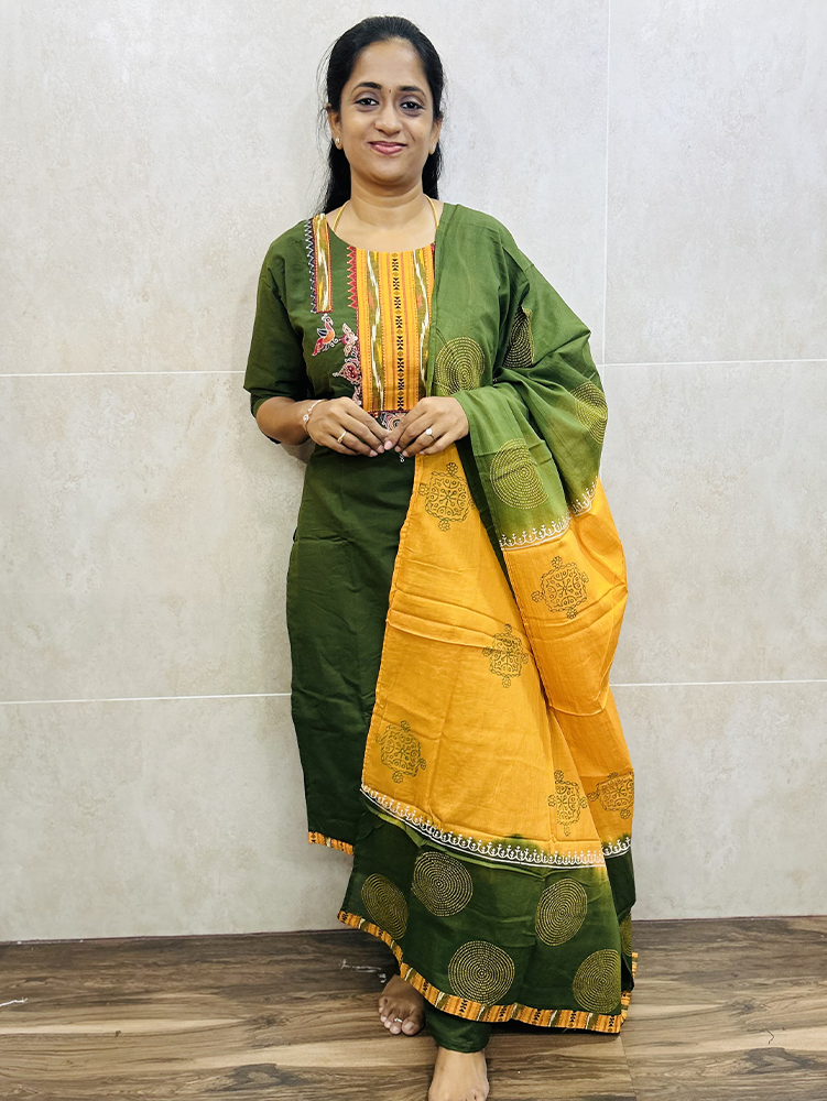 Premium cotton top (cotton lining) with embroidery work on yoke paired with handblock printed cotton dupatta and cotton bottom (free size)