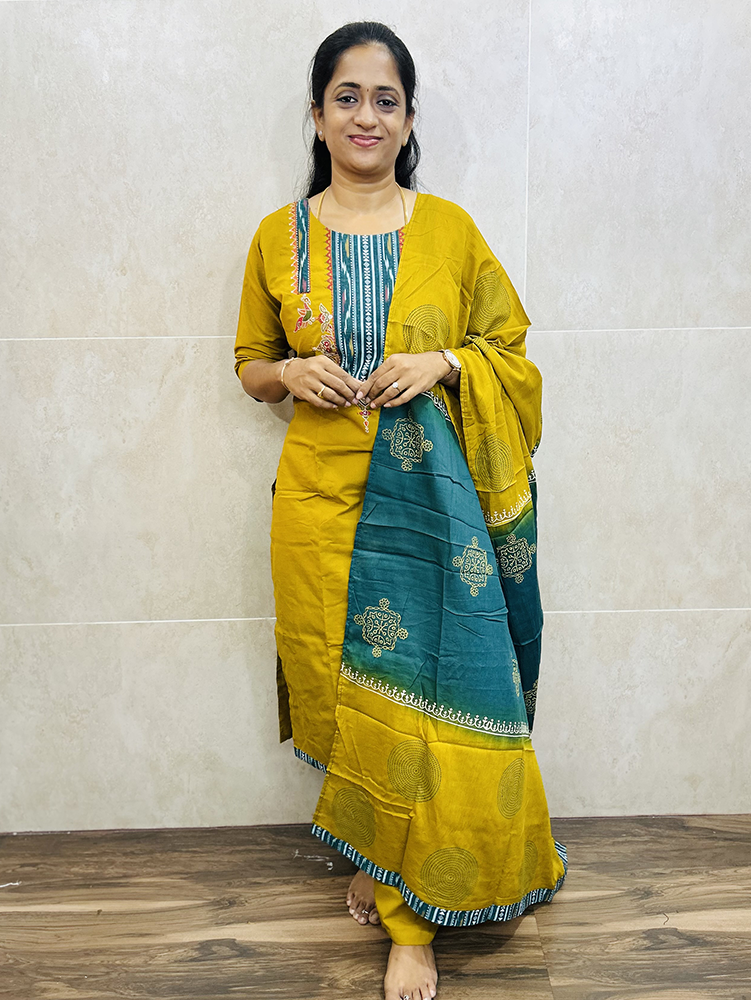 Premium cotton top (cotton lining) with embroidery work on yoke paired with handblock printed cotton dupatta and cotton bottom (free size)