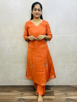 Soft Mul chanderi silk top (crepe lining) with handwork all over the top and sleeves paired with mul Chanderi silk bottom (semi palazzo)