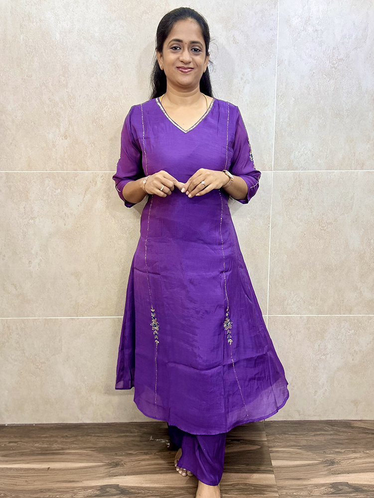 Soft Mul chanderi silk top (crepe lining) with handwork all over the top and sleeves paired with mul Chanderi silk bottom (semi palazzo)