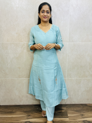 Soft Mul chanderi silk top (crepe lining) with handwork all over the top and sleeves paired with mul Chanderi silk bottom (semi palazzo)