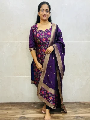Soft semi raw silk top (cotton lining) with all over patola weaving paired with soft semi silk dupatta