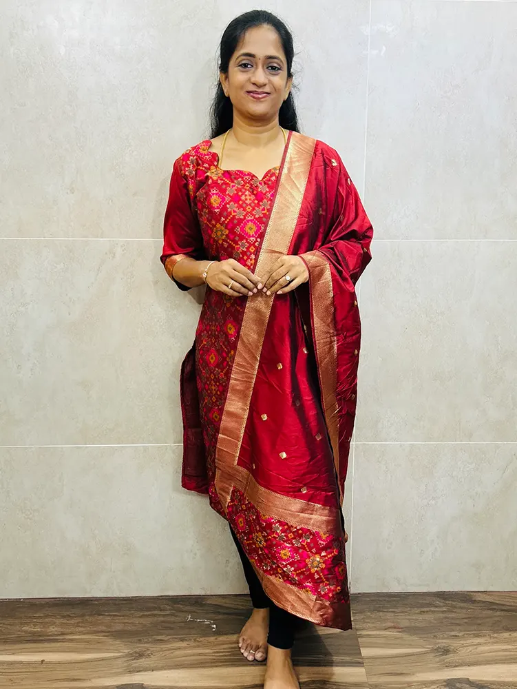 Soft semi raw silk top (cotton lining) with all over patola weaving paired with soft semi silk dupatta