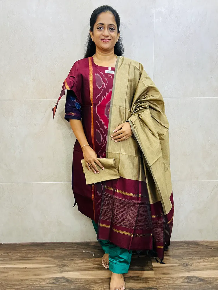 Premium Pochampally handloom silk cotton top (cotton lining) paired with silk cotton dupatta and silk bottom (Free size)