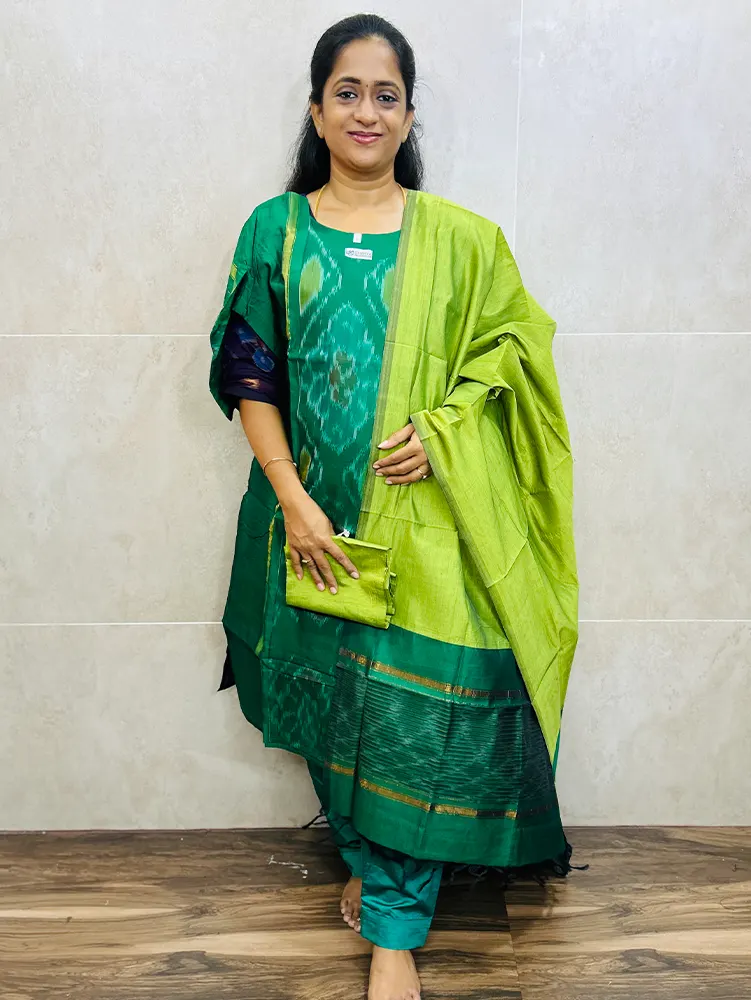 Premium Pochampally handloom silk cotton top (cotton lining) paired with silk cotton dupatta and silk bottom (Free size)
