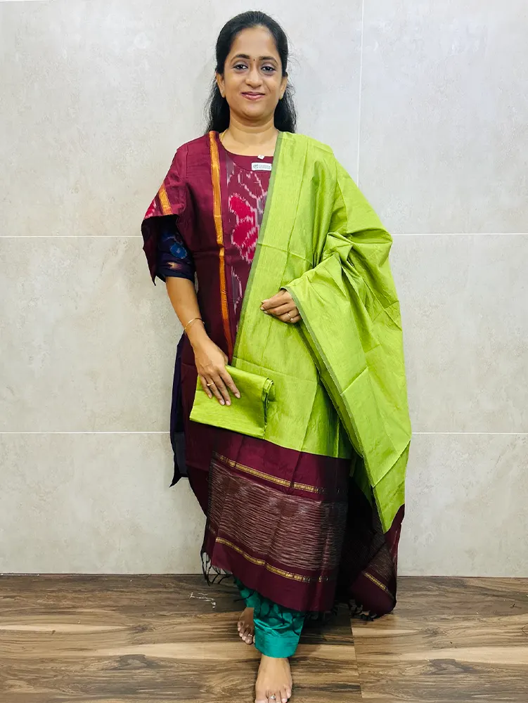 Premium Pochampally handloom silk cotton top (cotton lining) paired with silk cotton dupatta and silk bottom (Free size)