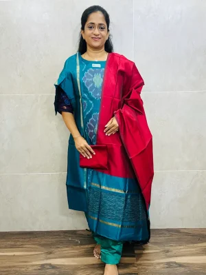 Premium Pochampally handloom silk cotton top (cotton lining) paired with silk cotton dupatta and silk bottom (Free size)