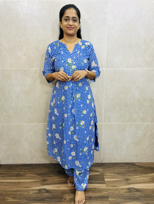 Printed mul cotton top (crepe lining) paired with printed mul cotton bottom (semi palazzo)
