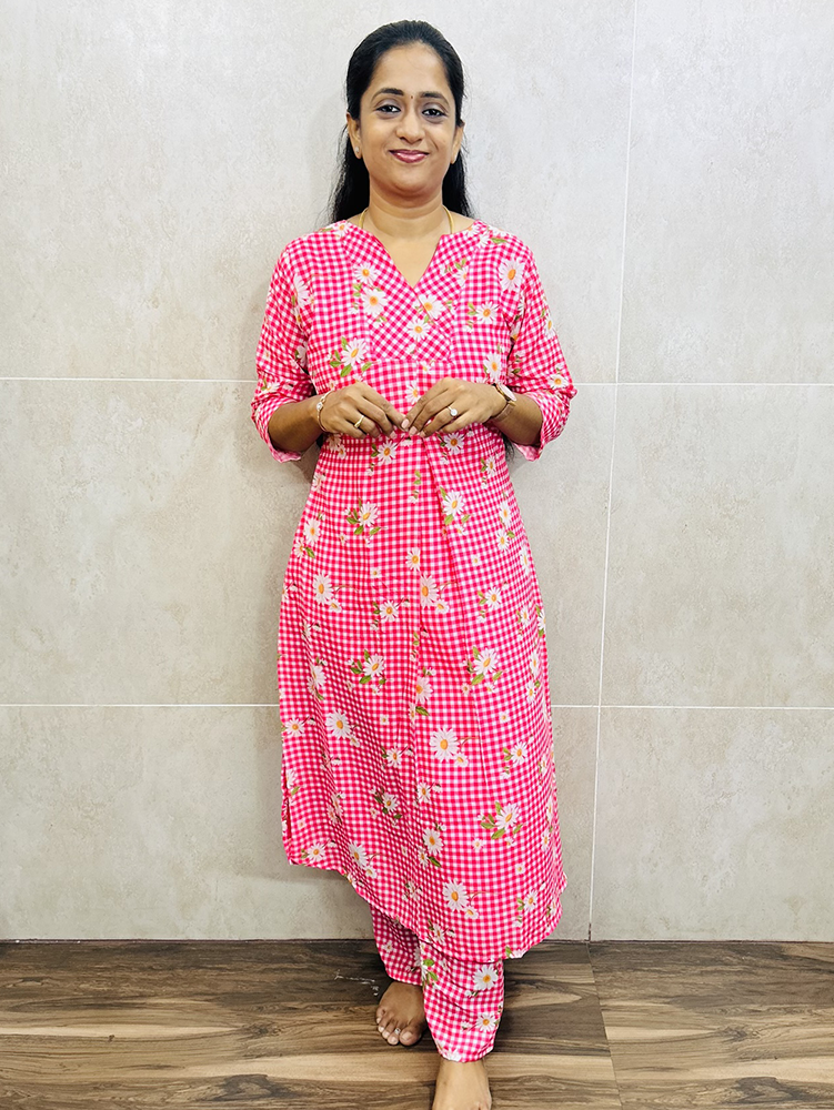 Printed mul cotton top (crepe lining) paired with printed mul cotton bottom (semi palazzo)