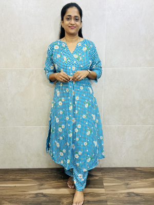 Printed mul cotton top (crepe lining) paired with printed mul cotton bottom (semi palazzo)