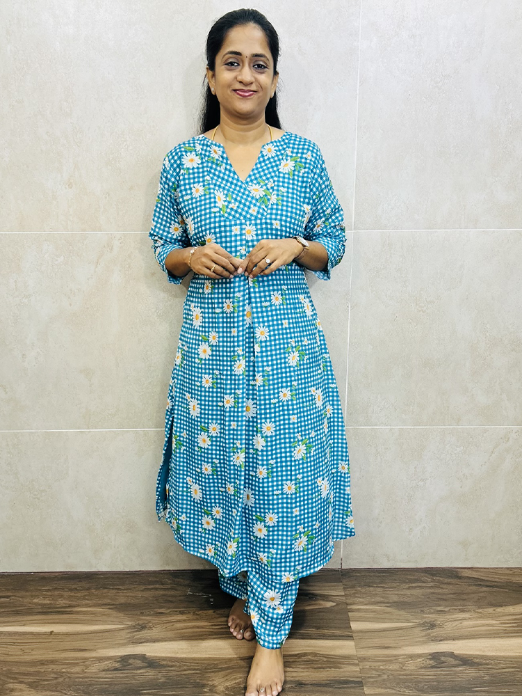 Printed mul cotton top (crepe lining) paired with printed mul cotton bottom (semi palazzo)