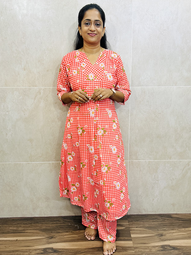 Printed mul cotton top (crepe lining) paired with printed mul cotton bottom (semi palazzo)