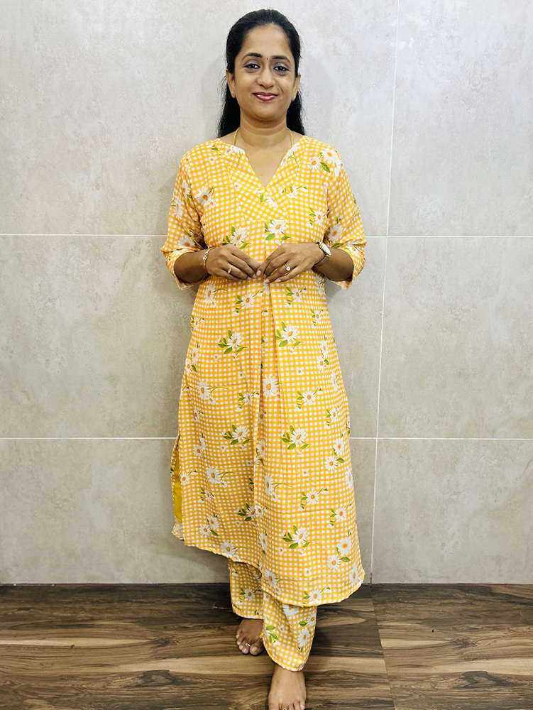 Printed mul cotton top (crepe lining) paired with printed mul cotton bottom (semi palazzo)