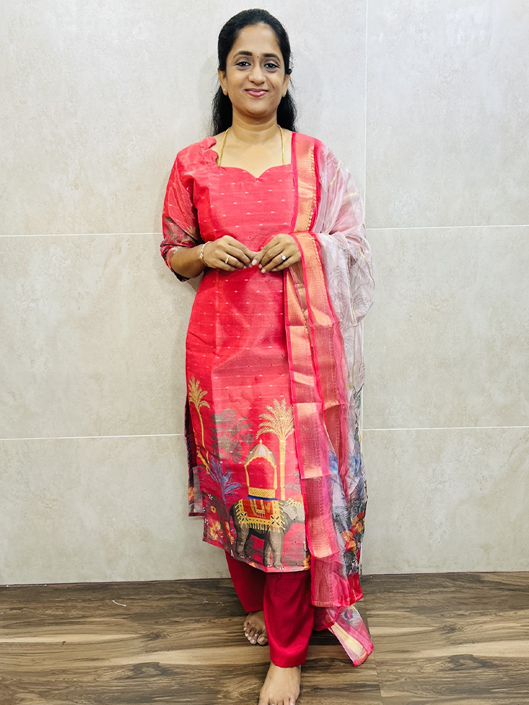 Soft tissue silk top (cotton lining) with allover zari weaving buttas paired with zari weaved organza dupatta and soft silk bottom (free size)
