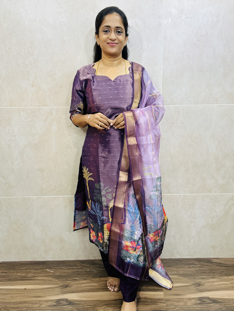 Soft tissue silk top (cotton lining) with allover zari weaving buttas paired with zari weaved organza dupatta and soft silk bottom (free size)