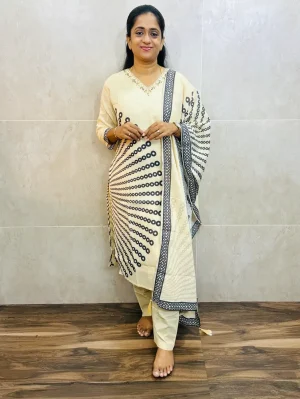 Printed cotton top(cotton lining)with handwork on yoke paired with printed cotton dupatta and cotton bottom(straight cut)