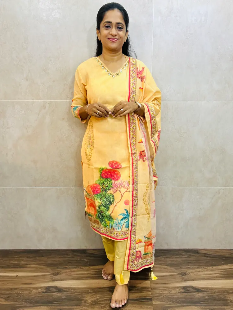 Printed cotton top(cotton lining)with handwork on yoke paired with printed cotton dupatta and cotton bottom(straight cut)