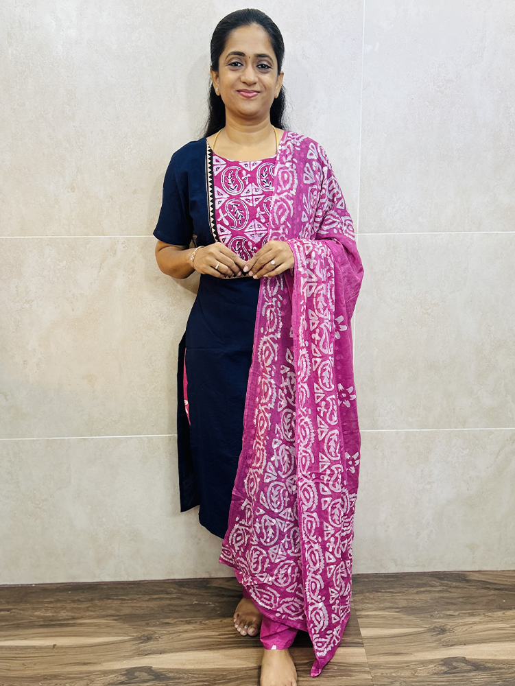 Pure cotton top (cotton lining) with patch work on yoke paired with Batik printed cotton dupatta and cotton bottom (free size)