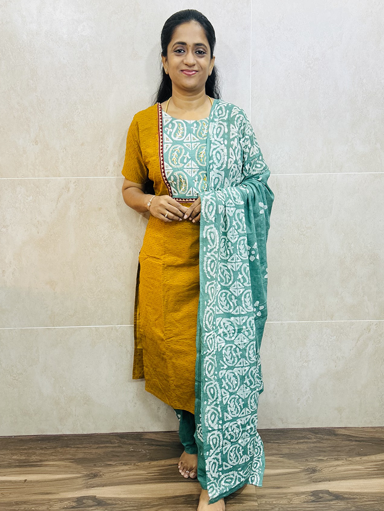 Pure cotton top (cotton lining) with patch work on yoke paired with Batik printed cotton dupatta and cotton bottom (free size)