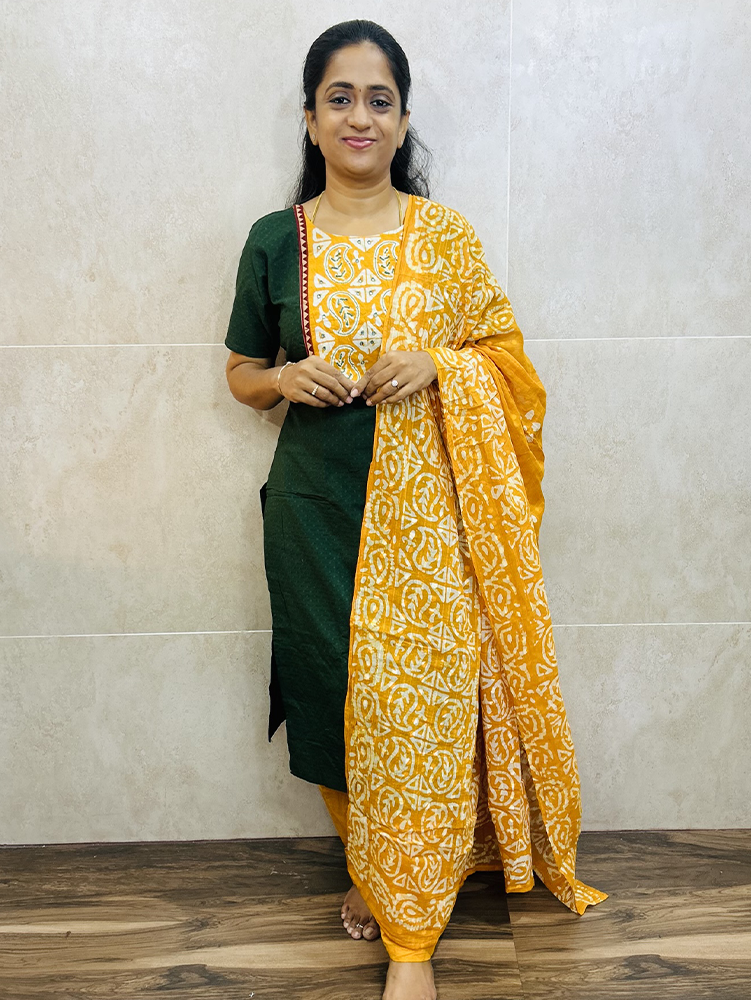 Pure cotton top (cotton lining) with patch work on yoke paired with Batik printed cotton dupatta and cotton bottom (free size)