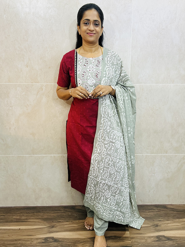 Pure cotton top (cotton lining) with patch work on yoke paired with Batik printed cotton dupatta and cotton bottom (free size)
