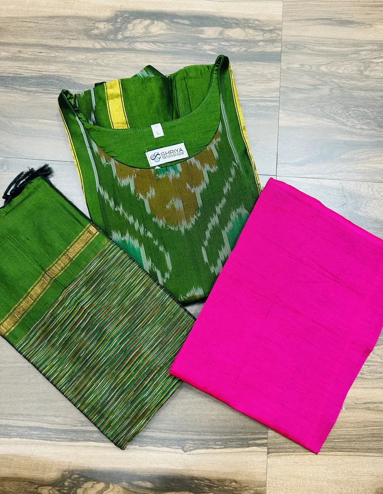 Premium Pochampally handloom silk cotton top (cotton lining) paired with silk cotton dupatta and silk bottom (Free size)