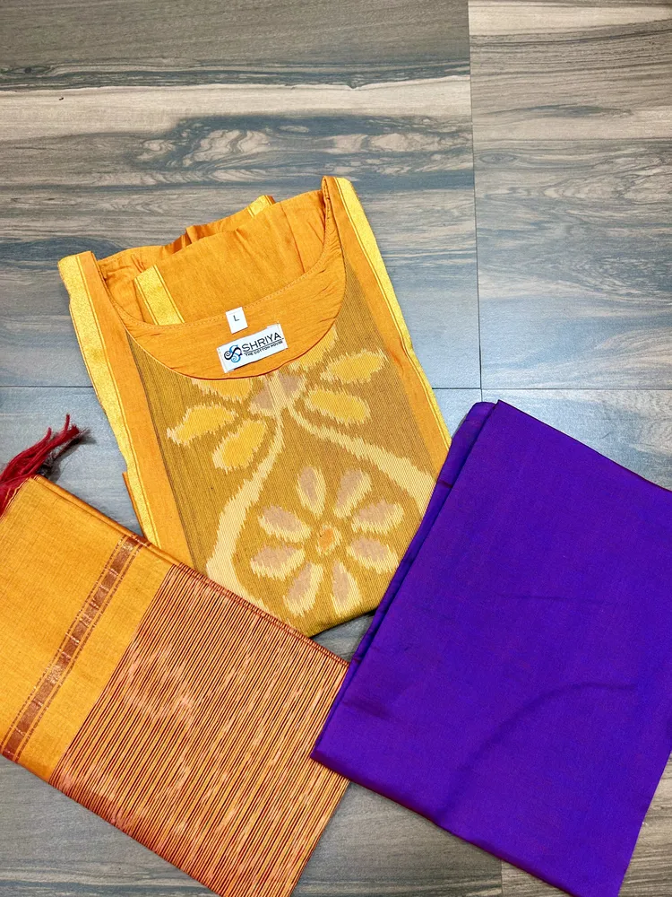 Premium Pochampally handloom silk cotton top (cotton lining) paired with silk cotton dupatta and silk bottom (Free size)