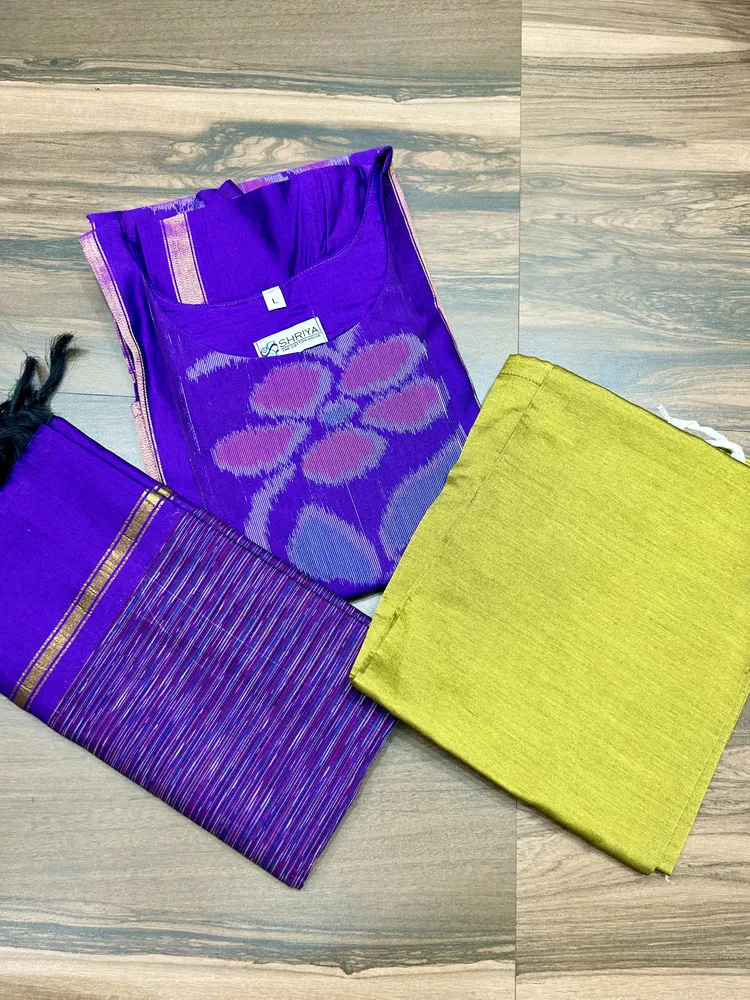 Premium Pochampally handloom silk cotton top (cotton lining) paired with silk cotton dupatta and silk bottom (Free size)