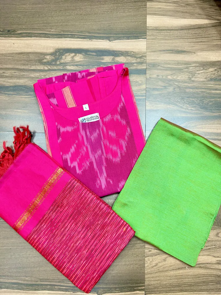 Premium Pochampally handloom silk cotton top (cotton lining) paired with silk cotton dupatta and silk bottom (Free size)
