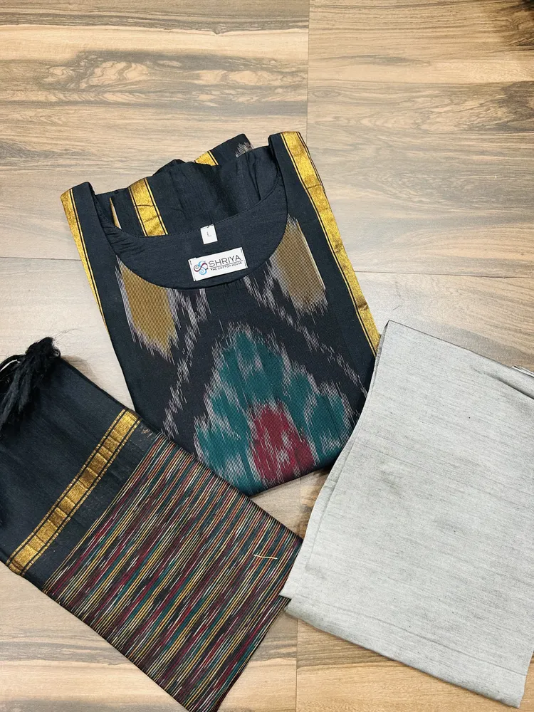 Black - Premium Pochampally handloom silk cotton top (cotton lining) paired with silk cotton dupatta and silk bottom (Free size)