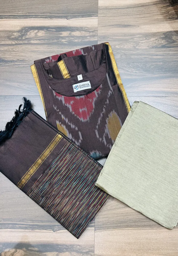 Brown - Premium Pochampally handloom silk cotton top (cotton lining) paired with silk cotton dupatta and silk bottom (Free size)