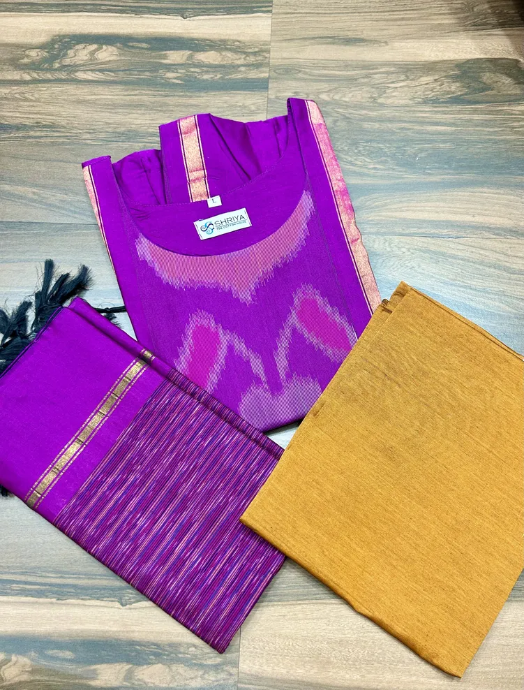 Premium Pochampally handloom silk cotton top (cotton lining) paired with silk cotton dupatta and silk bottom (Free size)